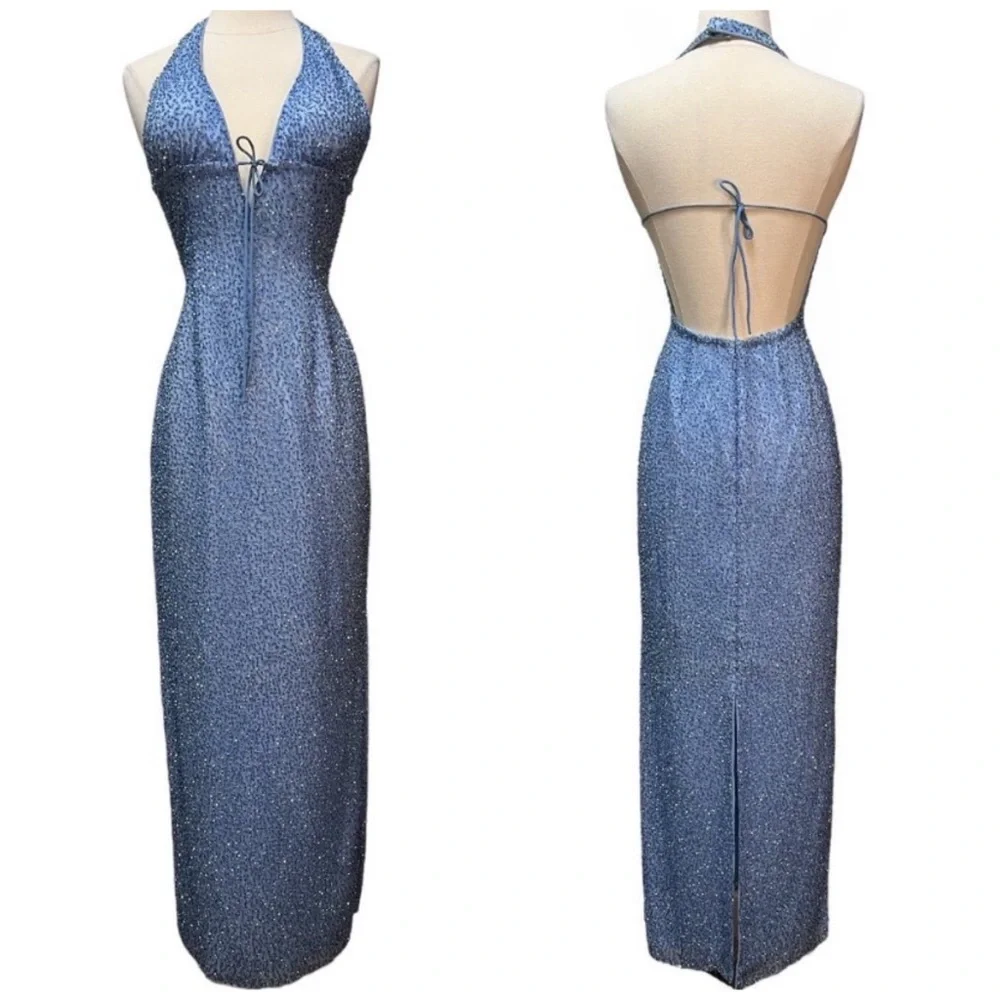 Vintage 90’s Y2K 100% Silk Dress Silk Slip Dress Mermaid Fairy Prom Blue Beaded - Picture 1 of 9